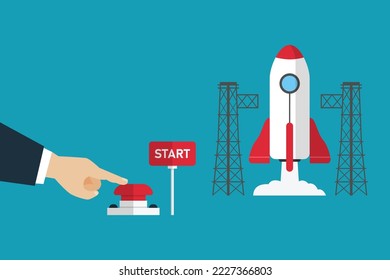 Businessman hand presses start button to launches a rocket 2d vector illustration concept for banner, website, illustration, landing page, flyer, etc
