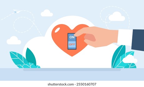 Businessman hand pressing start button, including love in heart. Love mode toggle. Relationship mode on or off. Passion measuring indicator. Vector illustration.