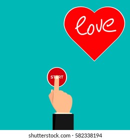 Businessman hand pressing start button, including love in heart