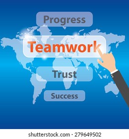 Businessman hand pressing teamwork button. Teamwork concept, vector