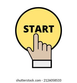 Businessman hand pressing yellow start button, just get started concept. Simple flat icon on white background