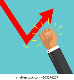 Businessman hand punch drop down graph. fight with loss. try to keep up stock rate. Profit increase. adjust uptrend graph. Bull and bear traders on stock exchange. building to success concept vector