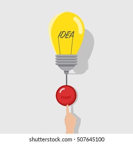 Businessman hand push start creative light bulb symbol.Progression of idea concept. Business,education and industrial concept.Vector illustration