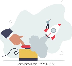 businessman hand push start to launch startup rocket.flat vector illustration.