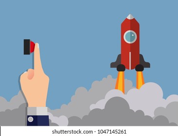 Businessman hand pushing the button to launch rocket , startup business concept , vector illustration Eps10