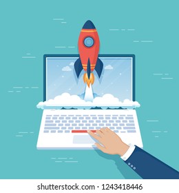 Businessman hand pushing the button to launch rocket from laptop screen. Business project startup, financial planning, idea, strategy, management, realization, success. Vector