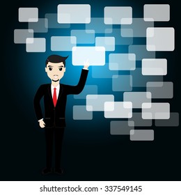 Businessman hand pushing button with touch screen interface