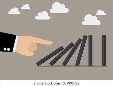 Businessman hand pushing the domino tiles. Business Concept