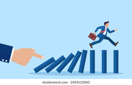 businessman hand pushing dominoes. businessman running on top of domino effect. Business crisis concept. Business metaphor. Failed business.Vector illustration in flat style.