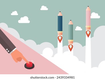 Businessman hand pushing red button to launch pencil rockets. Education concept. Vector illustration