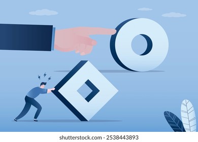 Businessman hand pushing sphere and leading race against other man of slower pushing square box. Business competition. Winner and loser. Innovation and wisdom helping winning. flat vector illustration