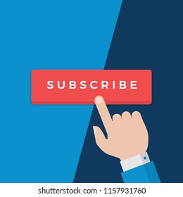 Businessman Hand Pushing Subscribe Button. Flat Design. Vector Illustration on Blue Yellow Background