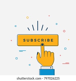 Businessman Hand Pushing Subscribe Button. Flat Line Art Design. Vector Illustration