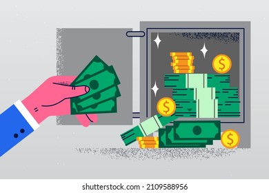 Businessman hand put banknotes in vault make saving for future. Male employee or worker keep cash in strongbox. Money safety and security. Investment concept. Flat vector illustration. 