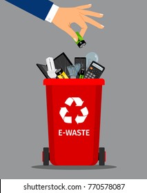 Businessman hand put battery in office trash recycle bin for garbage, vector illustration