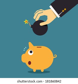 Businessman hand put a bomb to explode the piggy bank, Business concept