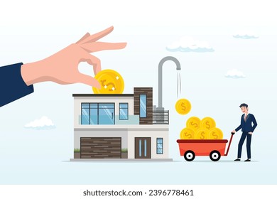 Businessman hand put coin with money return, property or real estate investment, buy a house for rental profit, ROI, return on investment or mortgage, house ownership or investing opportunity (Vector)