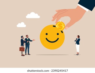 Businessman hand put coin on smile emoji. Positive thinking, or an optimistic attitude. Increased emotional intelligence. Flat vector illustration