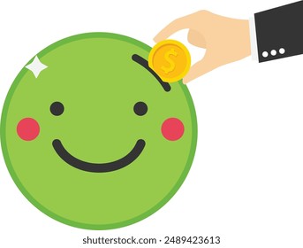 Businessman hand put coin on smile emoji. Positive thinking, or an optimistic attitude. Increased emotional intelligence. Flat vector illustration

