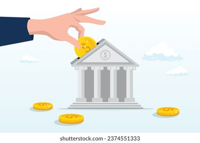 Businessman hand put dollar coin on investment bank, investment bank financial service to provide invest advisory, wealth management or loan for company, money growth or profit and earning (Vector)