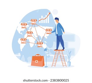 Businessman hand put franchise store on world map, Franchise business concept. flat vector modern illustration