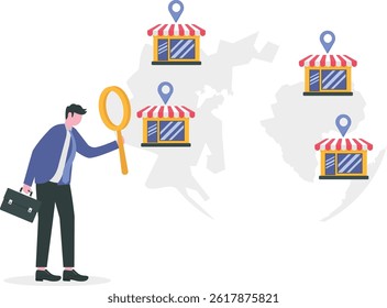 Businessman hand put franchise store franchise in new location to cover all continent and expand on world map, Franchise business concept

