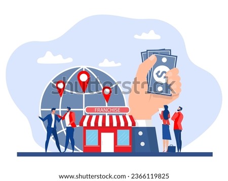 Businessman hand put franchise store franchise in new location to cover all continent and expand on world map, Franchise business concept
