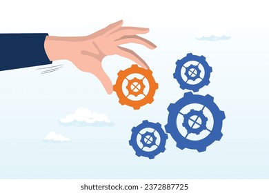 Businessman hand put important gear or cogwheel to make machine run good, business solution to fix problem, expertise and skill to drive success, leadership to connect business part strategy (Vector)