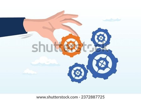 Businessman hand put important gear or cogwheel to make machine run good, business solution to fix problem, expertise and skill to drive success, leadership to connect business part strategy (Vector)