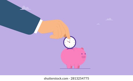 Businessman hand put time clock into piggy bank saving. Save your time, business planning or outsourcing or hiring other people to do tedious work, productivity or efficiency, delegation concept.