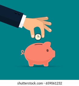 Businessman hand putting clock into piggy bank, vector time saving business concept.
