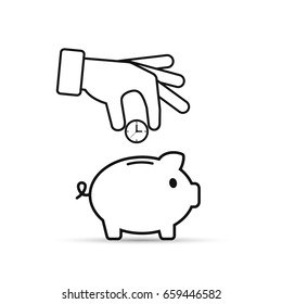 Businessman Hand Putting Clock Into Piggy Bank Outline Icon, Vector Time Saving Business Concept.