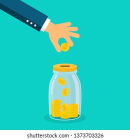 businessman hand putting coin into money jar isolated on blue background. vector illustration.