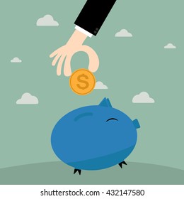 Businessman hand putting coin into piggy bank, business concept in saving money. Flat design.