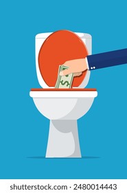 Geschäftsmann, der Dollarscheine in die Toilette bringt. Geld verlieren. Vektorillustration im flachen Stil