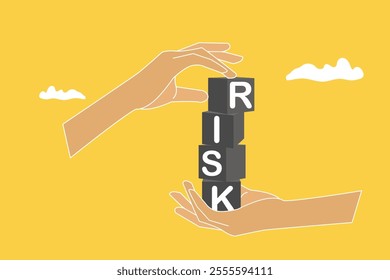 Businessman hand putting risk wording print screen on block cube for financial banking risk analysis and management. concept of low risk low return, risk management, control