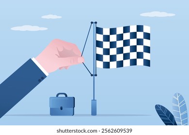 Businessman hand raises finish flag to the top of pole. All tasks completed. Efficient and productive work. Completing project on time and without deadline, proper planning. flat vector illustration