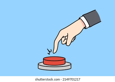 Businessman hand ready to press red warning button. Man employee hand activate business project or launch startup. Activation concept. Flat vector illustration. 