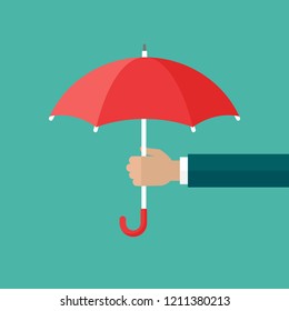Businessman hand with red open Umbrella. Flat icon isolated on turquoise. Flat design. Vector illustration. Protection and safety symbol. Support and sustain sign. 