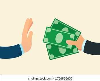 Businessman hand refuse to accept money, close-up. Stop, No -gesture. Man do not accept a bribe, refuse money. Vector illustration, flat design, cartoon style, isolated background.