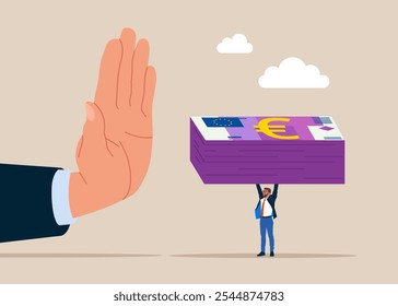 Businessman hand refuse to take illegal money banknotes euro. Man do not accept a bribe, refuse money euro. Flat vector illustration