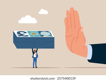 Businessman hand refuse to take illegal pound sterling banknotes. Man do not accept a bribe, refuse money pound sterling. Pound sterling banknote. British money. Currency. Flat vector illustration