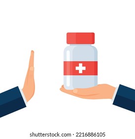 Businessman Hand Refusing From Medicine.Business Concept. treatment, medicine. Rejection Gesture. For a Healthy Lifestyle.Vector illustration for web, mobile app in flat style Eps 10