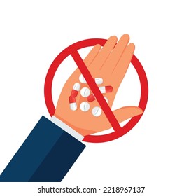 Businessman Hand Refusing From Medicine.Business Concept. treatment, medicine. Rejection Gesture. For a Healthy Lifestyle.Vector illustration for web, mobile app in flat style Eps 10