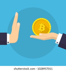 Businessman Hand Refusing The Offered Bitcoin Vector Illustration. Flat Design Style. Business Concept. Corruption, Dishonesty
