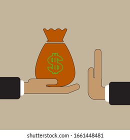 Mano de hombre de negocios que rechaza la bolsa de sobornos ofrecida