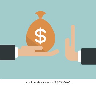 Businessman hand refusing the offered bribe money bag vector illustration