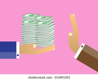 Businessman hand refusing the offered bribe money vector illustration. Cartoon Flat design. business concept. corruption, defraudation, dishonesty. cheat, rogue, defraud