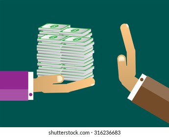 Businessman hand refusing the offered bribe money vector illustration. Cartoon Flat design. business concept. corruption, defraudation, dishonesty. cheat, rogue, defraud