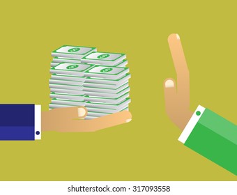 Businessman hand refusing the offered bribe money vector illustration. Cartoon Flat design. business concept. corruption, defraudation, dishonesty. cheat, rogue, defraud